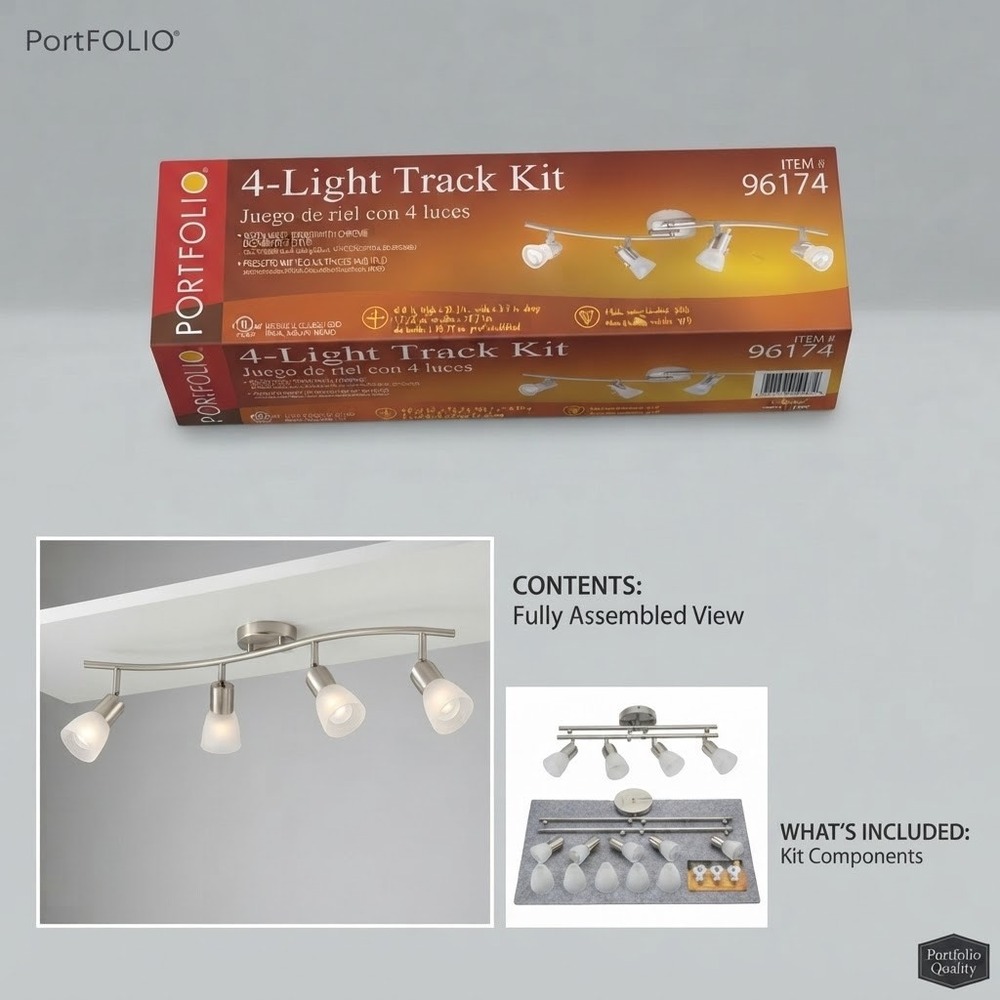 Portfolio 4-Light Track Kit Satin Nickel Frosted Glass 96174 Curved Wavy Bar